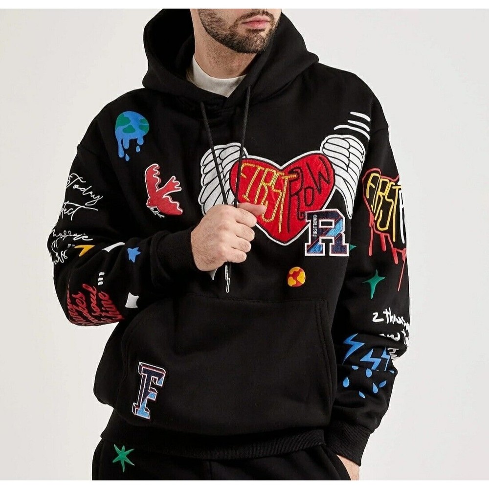 First Row Embroidered Flying Heart Fleece Pullover Hoodie Men's Size XL New.